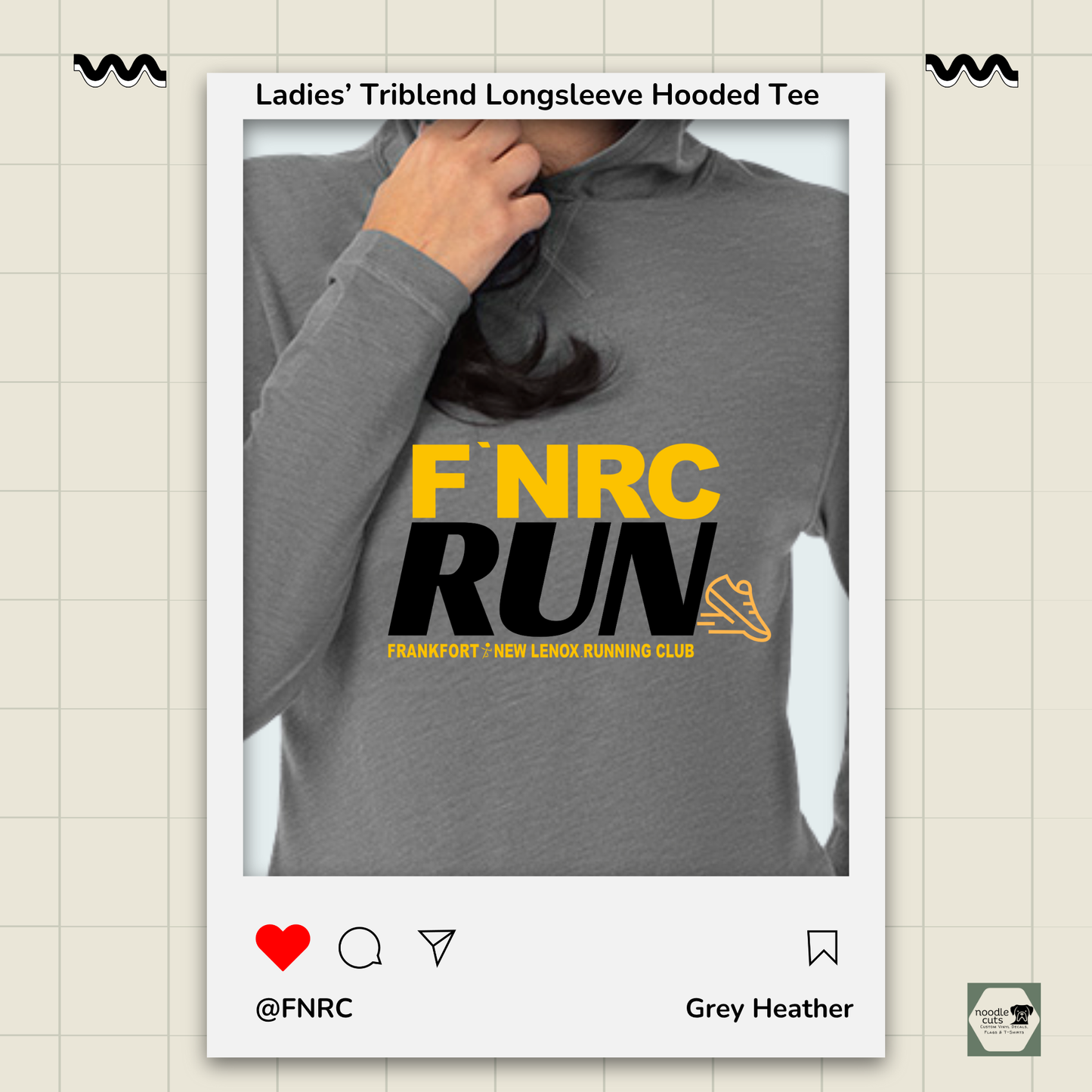 Close up view Primease grey heather Ladies’ Long Sleeve Hooded Tee with 'FNRC RUN' design, framed by a product display border.