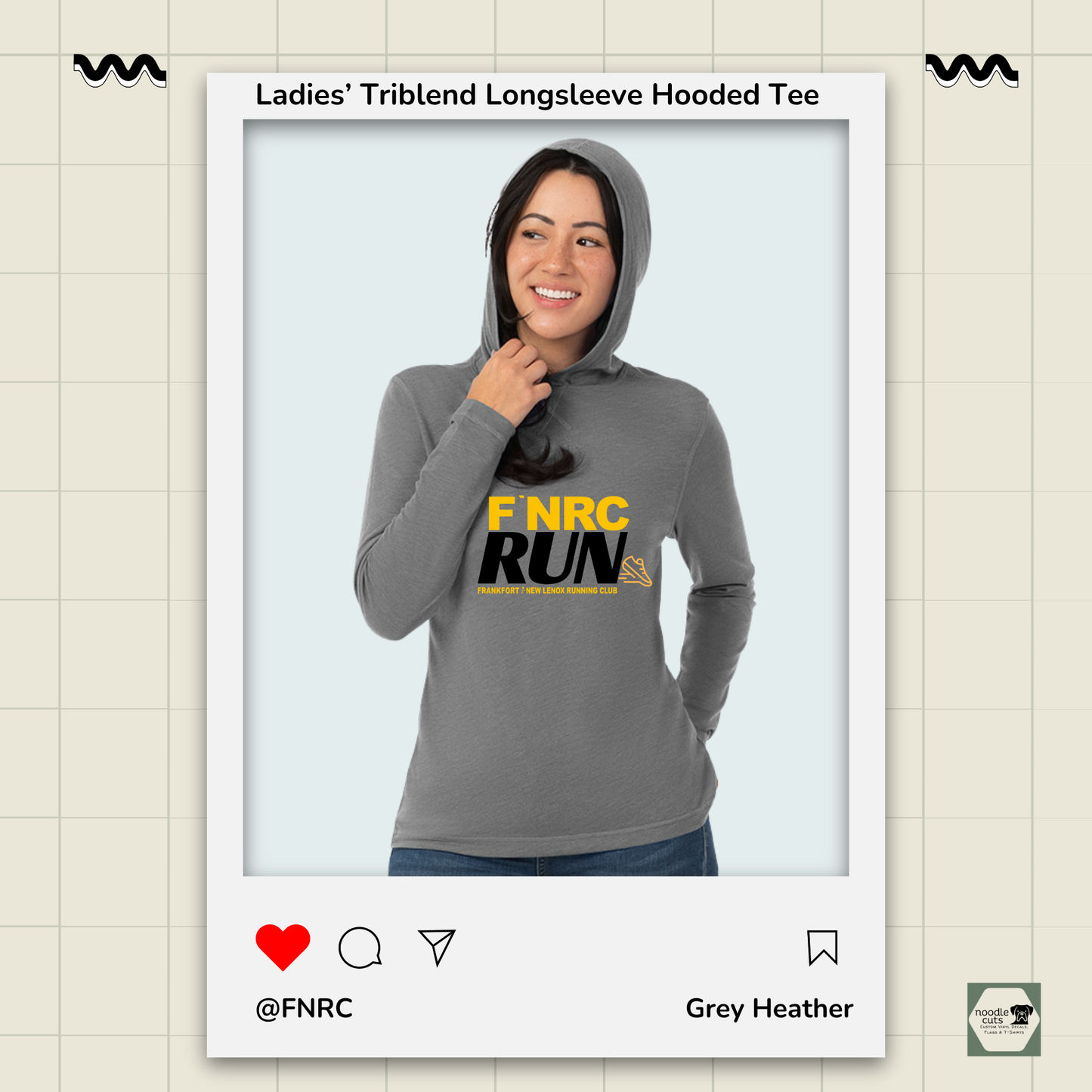 Woman wearing a Primease grey heather Ladies’ Long Sleeve Hooded Tee with 'FNRC RUN' design, framed by a product display border.
