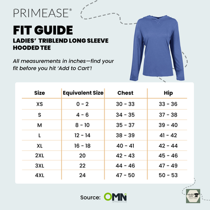Primease Ladies' Triblend Long Sleeve Hooded Tee fit guide with size chart on a light biue background.