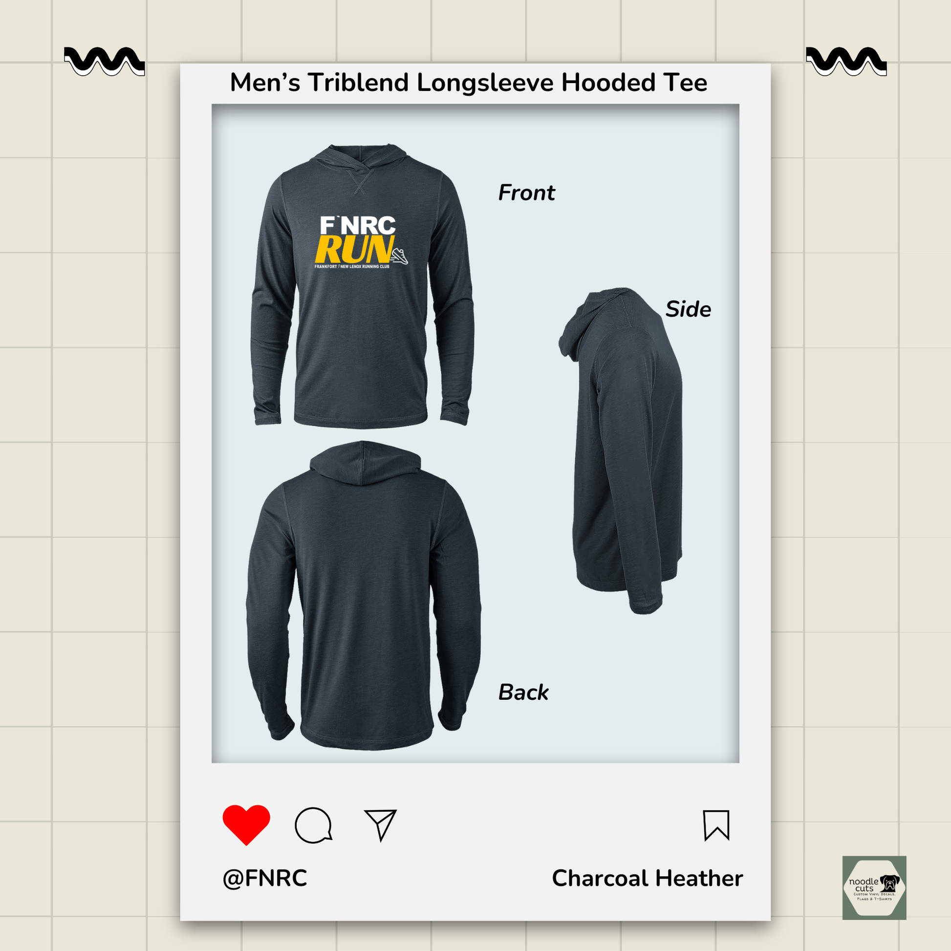 Front, side, and back views of the Primease charcoal heather Primease Long Sleeve Hooded Tee with the front featuring the ‘FNRC Run’ design.