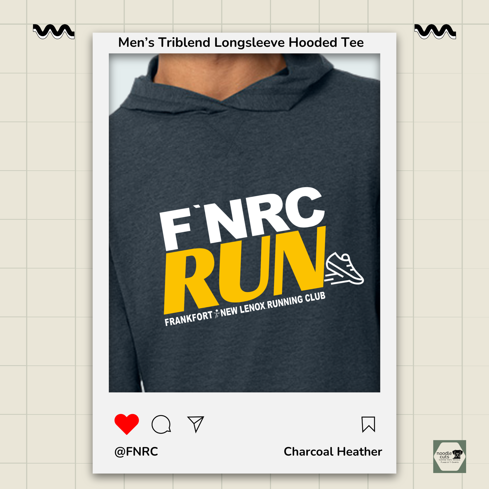 Close up view Primease charcoal heather Men's Long Sleeve Hooded Tee with 'FNRC RUN' design, framed by a product display border.