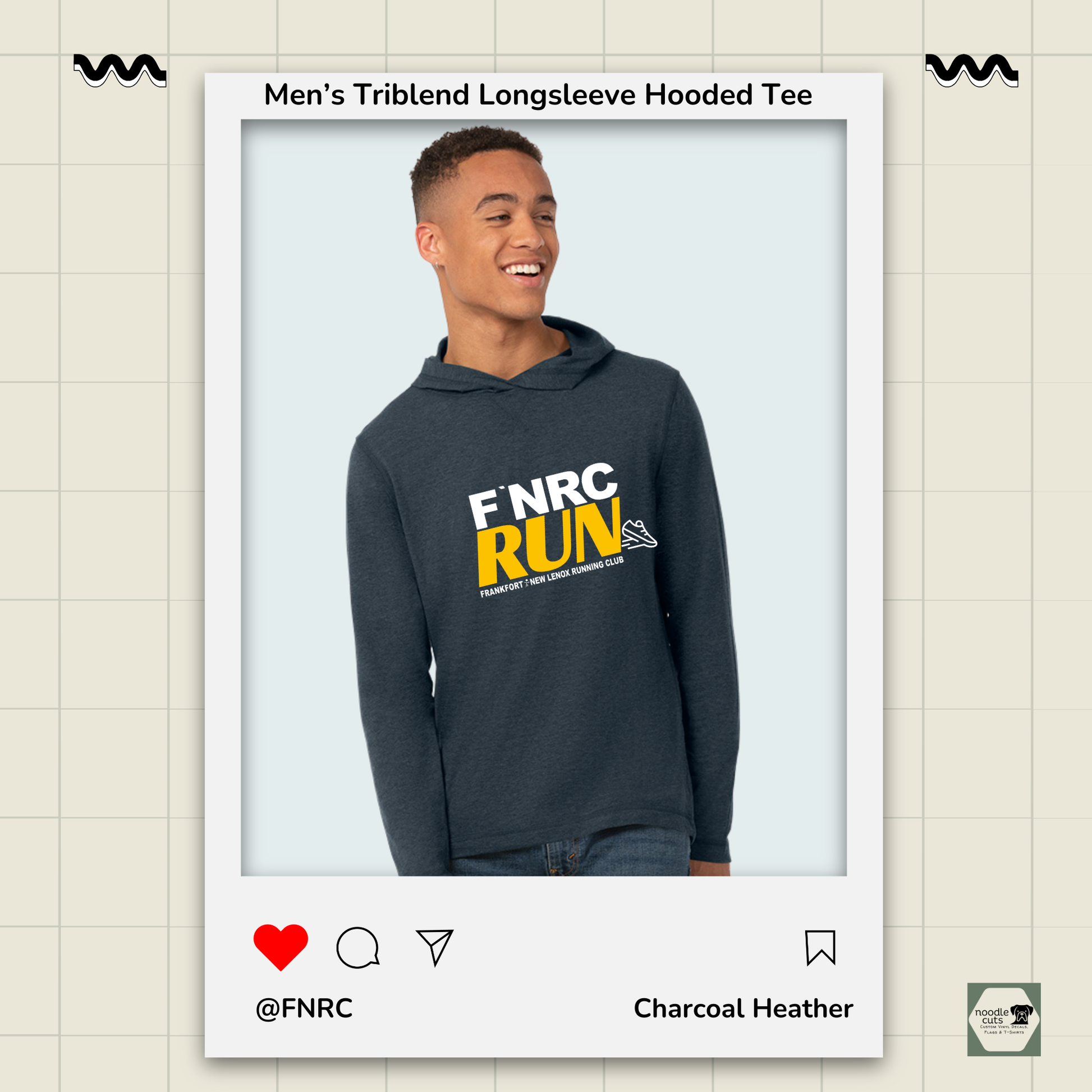 Man wearing a Primease charcoal heather Men’s Long Sleeve Hooded Tee with 'FNRC RUN' design, framed by a product display border.