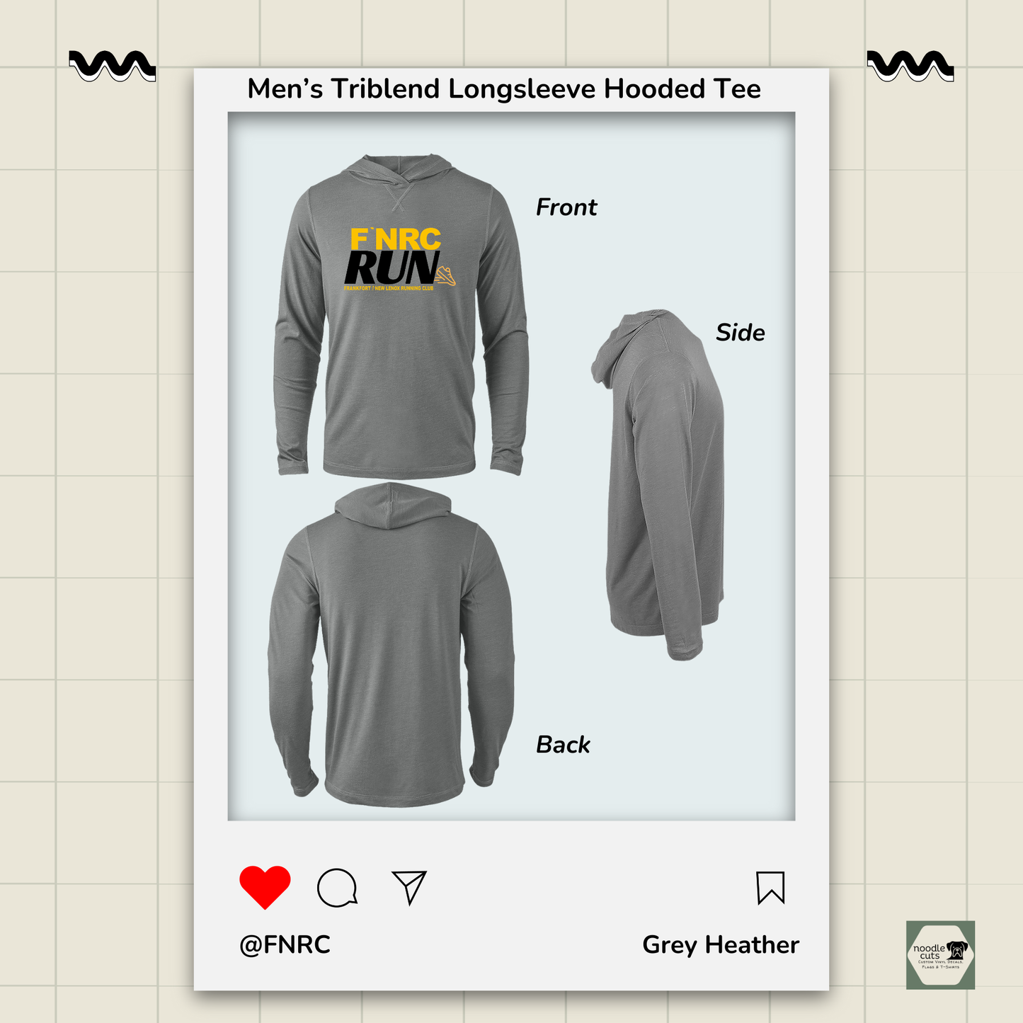 Front, side, and back views of the Men’s Primease grey heather Long Sleeve Hooded Tee with the front featuring the ‘FNRC Run’ design.