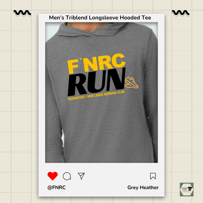 Close up view Primease grey heather Men’s Long Sleeve Hooded Tee with 'FNRC RUN' design, framed by a product display border.