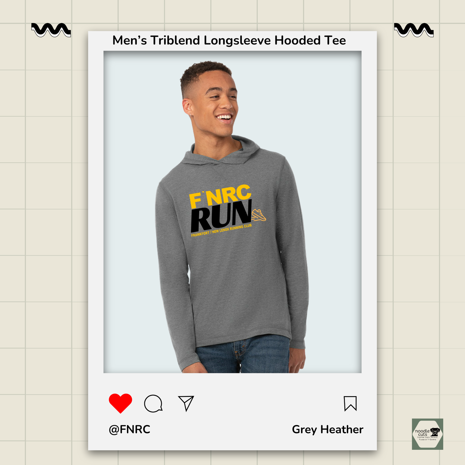 Man wearing a Primease grey heather Men’s Long Sleeve Hooded Tee with 'FNRC RUN' design, framed by a product display border.