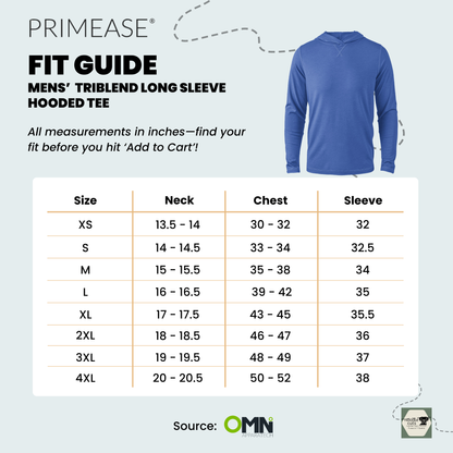 Primease Men's Triblend Long Sleeve Hooded Tee fit guide with size chart on a light biue background.