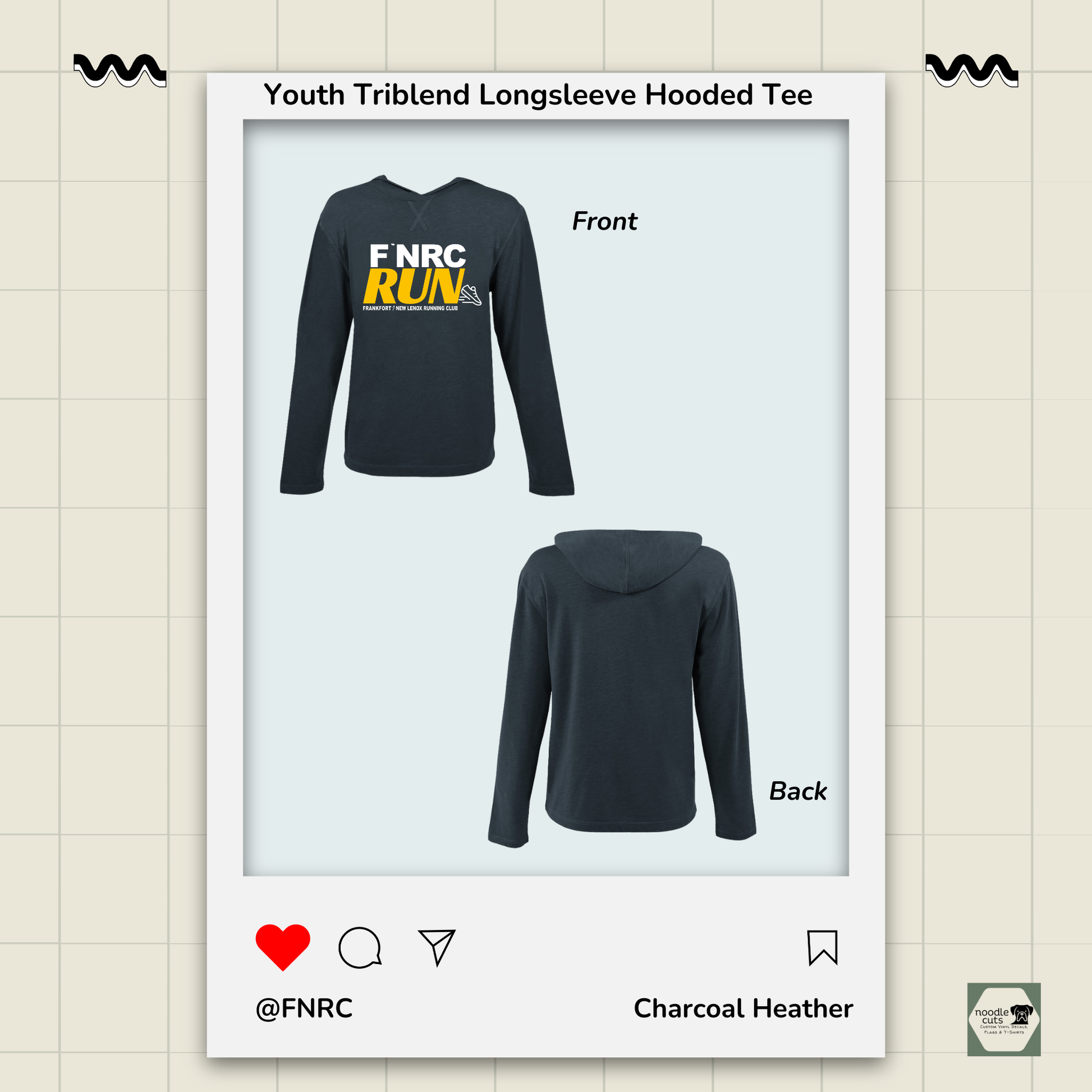 Front and back views of the Youth Primease charcoal heather Long Sleeve Hooded Tee with the front featuring the ‘FNRC Run’ design.