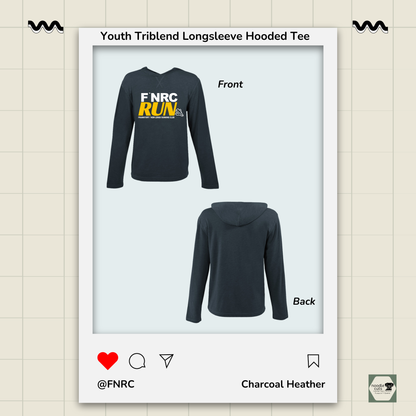 Front and back views of the Youth Primease charcoal heather Long Sleeve Hooded Tee with the front featuring the ‘FNRC Run’ design.