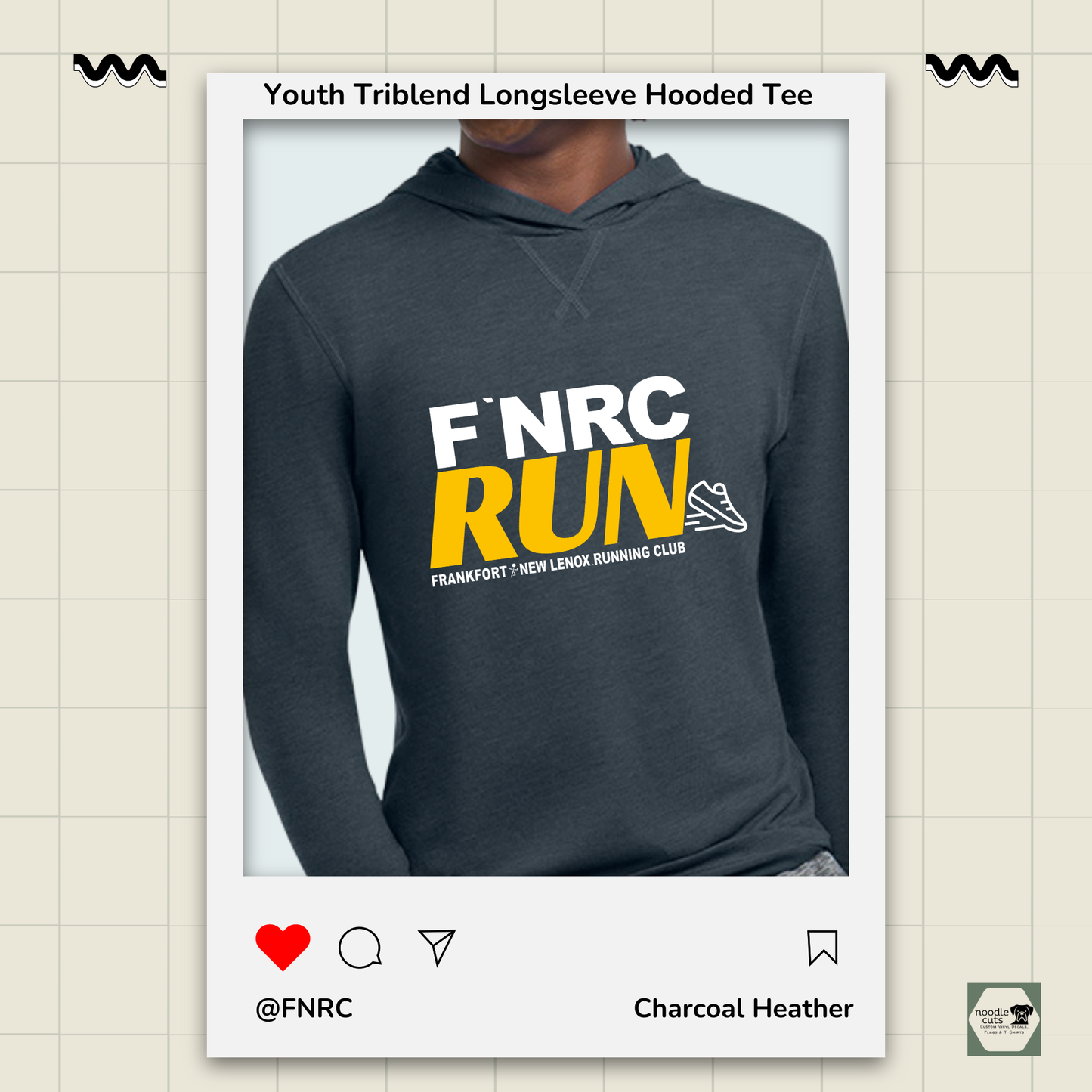 Close up view Primease charcoal heather Youth Long Sleeve Hooded Tee with 'FNRC RUN' design, framed by a product display border.