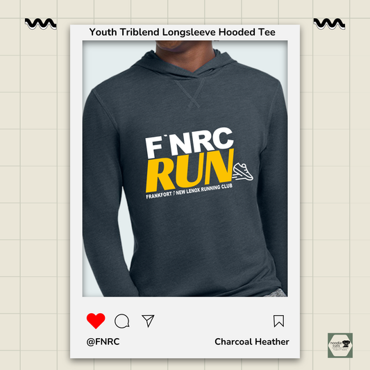 Close up view Primease charcoal heather Youth Long Sleeve Hooded Tee with 'FNRC RUN' design, framed by a product display border.