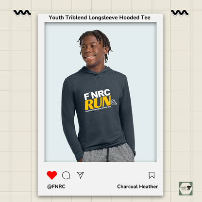 Young man wearing a Primease charcoal heather Youth Long Sleeve Hooded Tee with 'FNRC RUN' design, framed by a product display border.