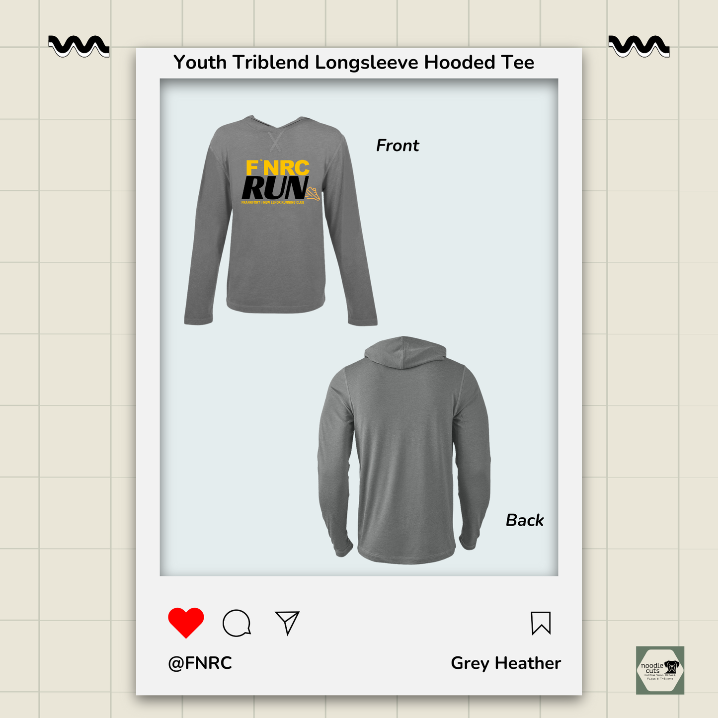 Front and back views of the Youth Primease grey heather Long Sleeve Hooded Tee with the front featuring the ‘FNRC Run’ design.