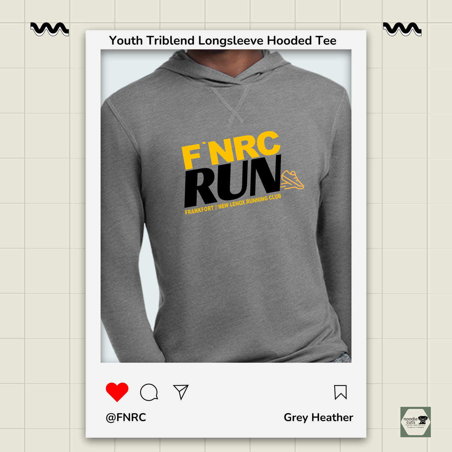 Close up view Primease grey heather Youth Long Sleeve Hooded Tee with 'FNRC RUN' design, framed by a product display border.