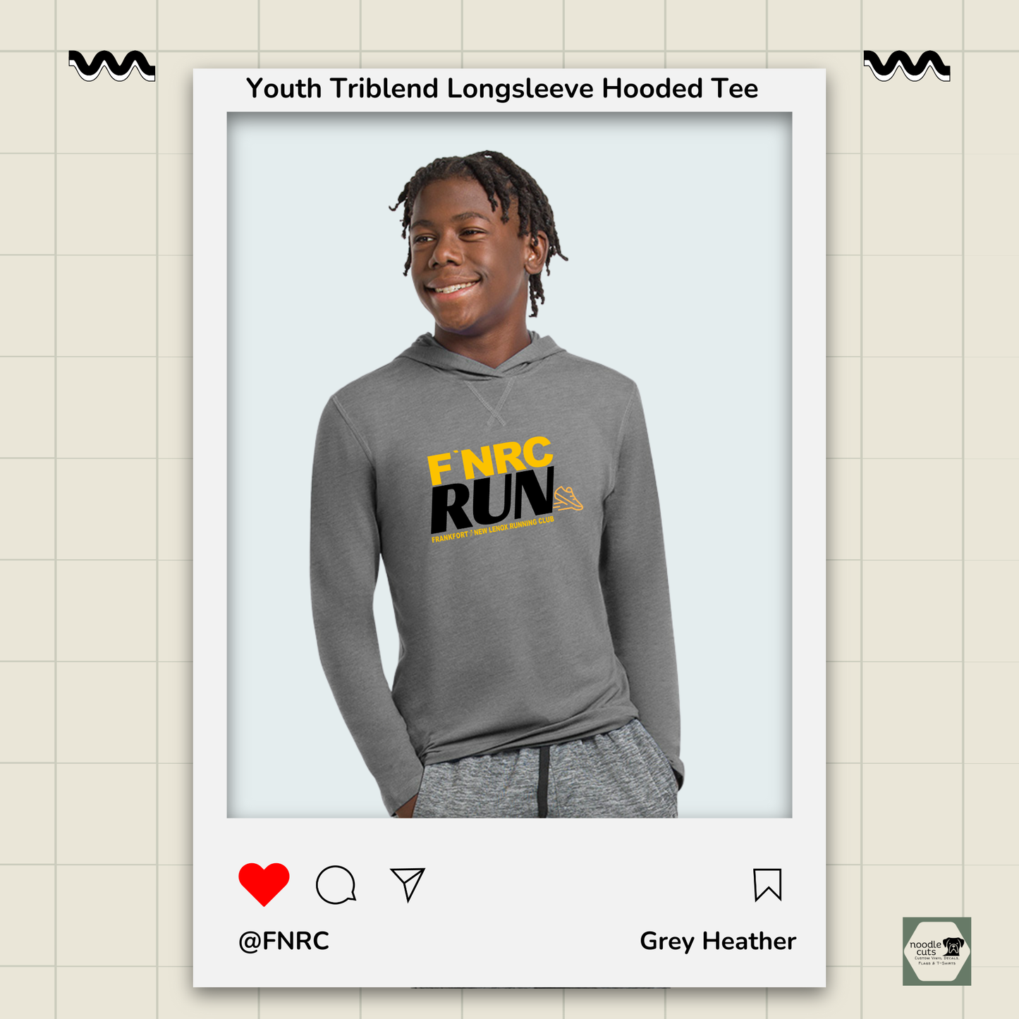 Young man wearing a Primease grey heather Youth Long Sleeve Hooded Tee with 'FNRC RUN' design, framed by a product display border.