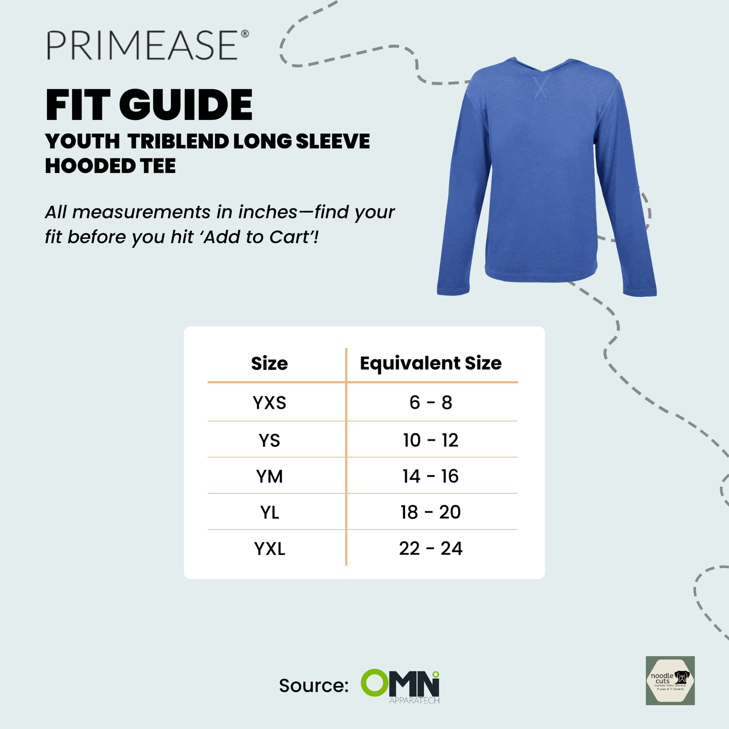 Primease Youth Triblend Long Sleeve Hooded Tee fit guide with size chart on a light biue background.
