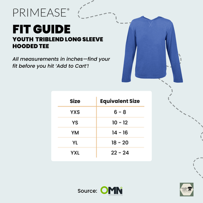 Primease Youth Triblend Long Sleeve Hooded Tee fit guide with size chart on a light biue background.