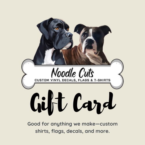 Gift card with Harley & Leo, our mascots and 'Noodle Cuts' branding on a beige background