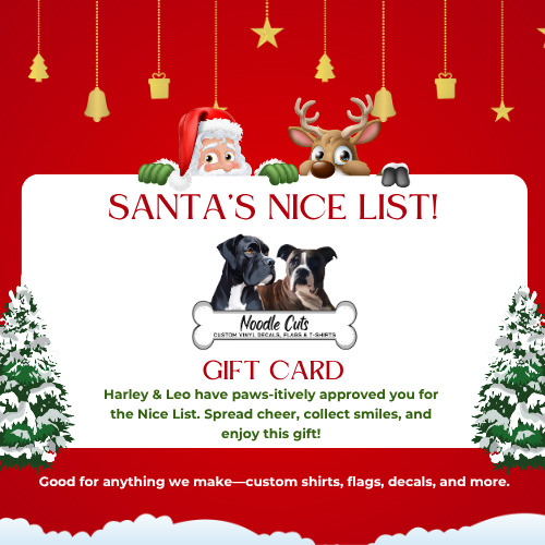 Santa’s Nice List themed Noodle Cuts gift card with festive holiday design.