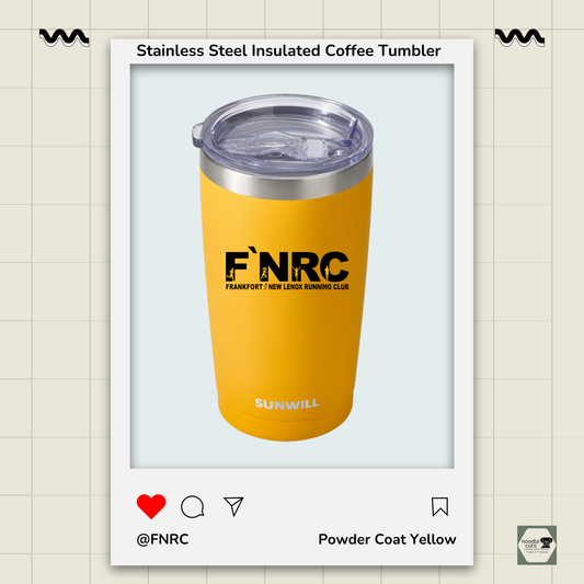 Sip in style with this 20 oz Powder Coat Yellow Sunwill Stainless Steel Insulated Coffee Tumbler. Perfect for early mornings, long runs, or the office, it keeps beverages hot or cold for hours. Featuring the rebranded FNRC logo in black and gold, this tumbler shows off your club pride with every sip.