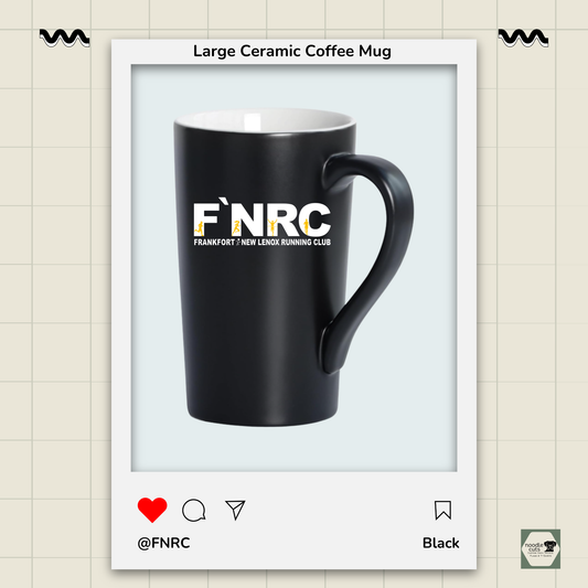 20 oz black ceramic Harebe mug (6.2" tall) with glossy finish sports the rebranded FNRC logo in white and gold, framed by a product border display.