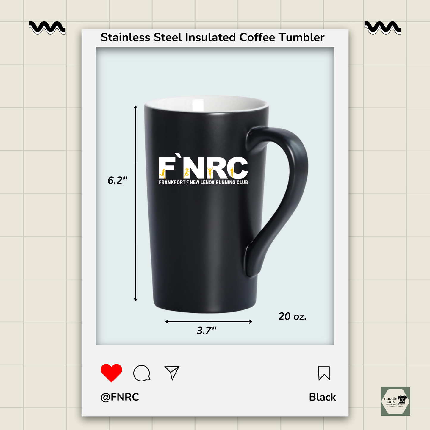 20 oz black ceramic Harebe mug (6.2" tall) with glossy finish sports the rebranded FNRC logo in white and gold, measuring 3.7" wide x 6.2" high, framed by a product border display.