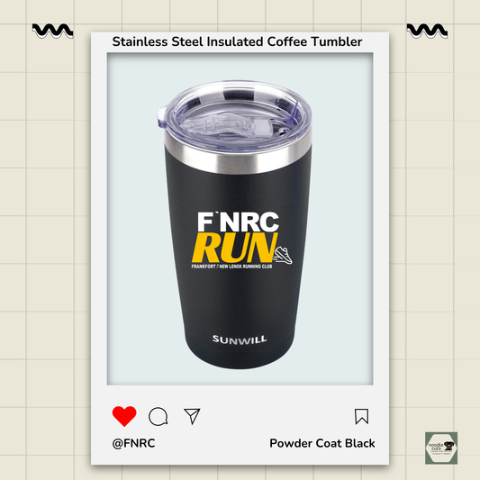Sip in style with this 20 oz Powder Coat Black Sunwill Stainless Steel Insulated Coffee Tumbler. Perfect for early mornings, long runs, or the office, it keeps beverages hot or cold for hours. Featuring the rebranded FNRC logo in black and gold, this tumbler shows off your club pride with every sip.