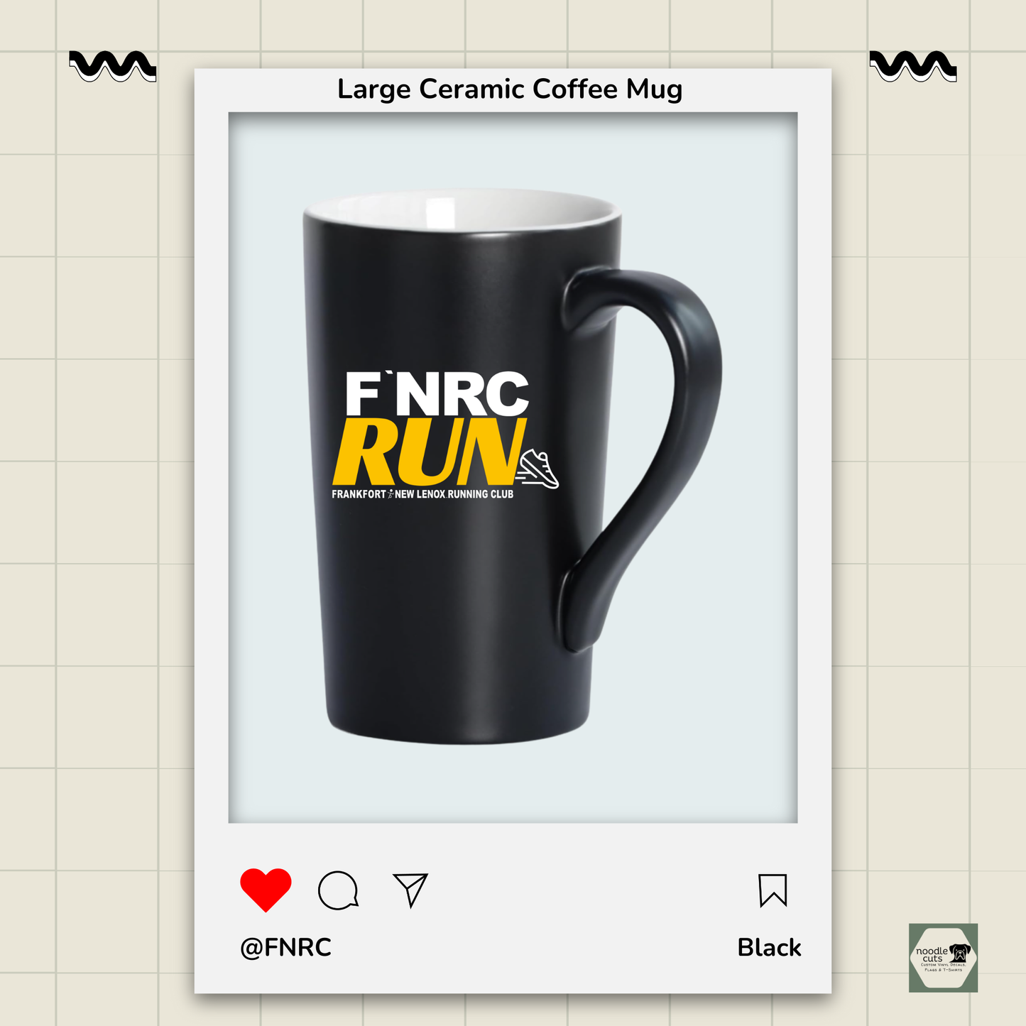 20 oz black Harebe mug (6.2" tall) with glossy finish sports the FNRC RUN logo in white and gold, framed by a product border display.