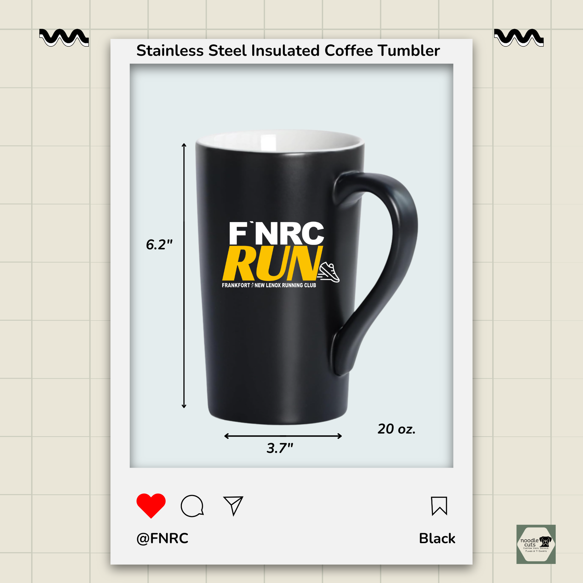 20 oz black ceramic Harebe mug (6.2" tall) with glossy finish sports the FNRC RUN logo in white and gold, measuring 3.7" wide x 6.2" high, framed by a product border display.
