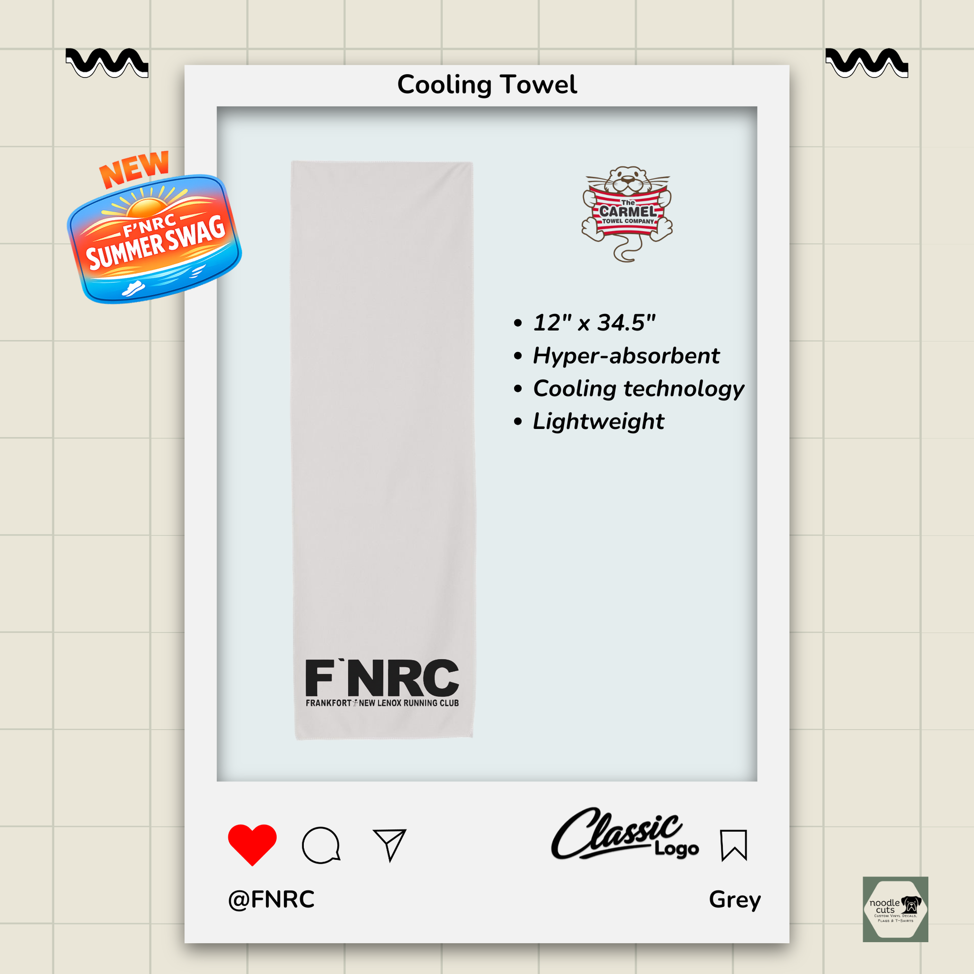 FNRC Classic logo cooling towel in grey with logo placement near end, lightweight moisture-wicking performance towel for running and training.