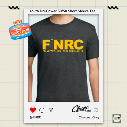 Close up view of youth wearing a black heather Jerzees FNRC Classic logo t-shirt with branding elements on a light background.