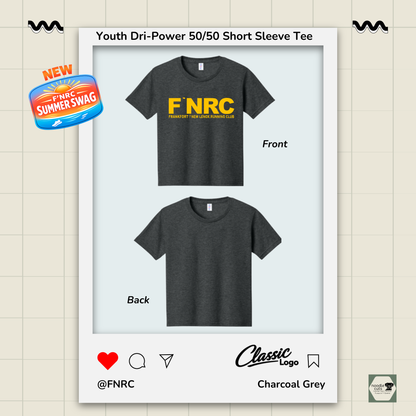 Front and back view of a youth black heather Jerzees FNRC Classic logo  t-shirt with branding elements on a light background.