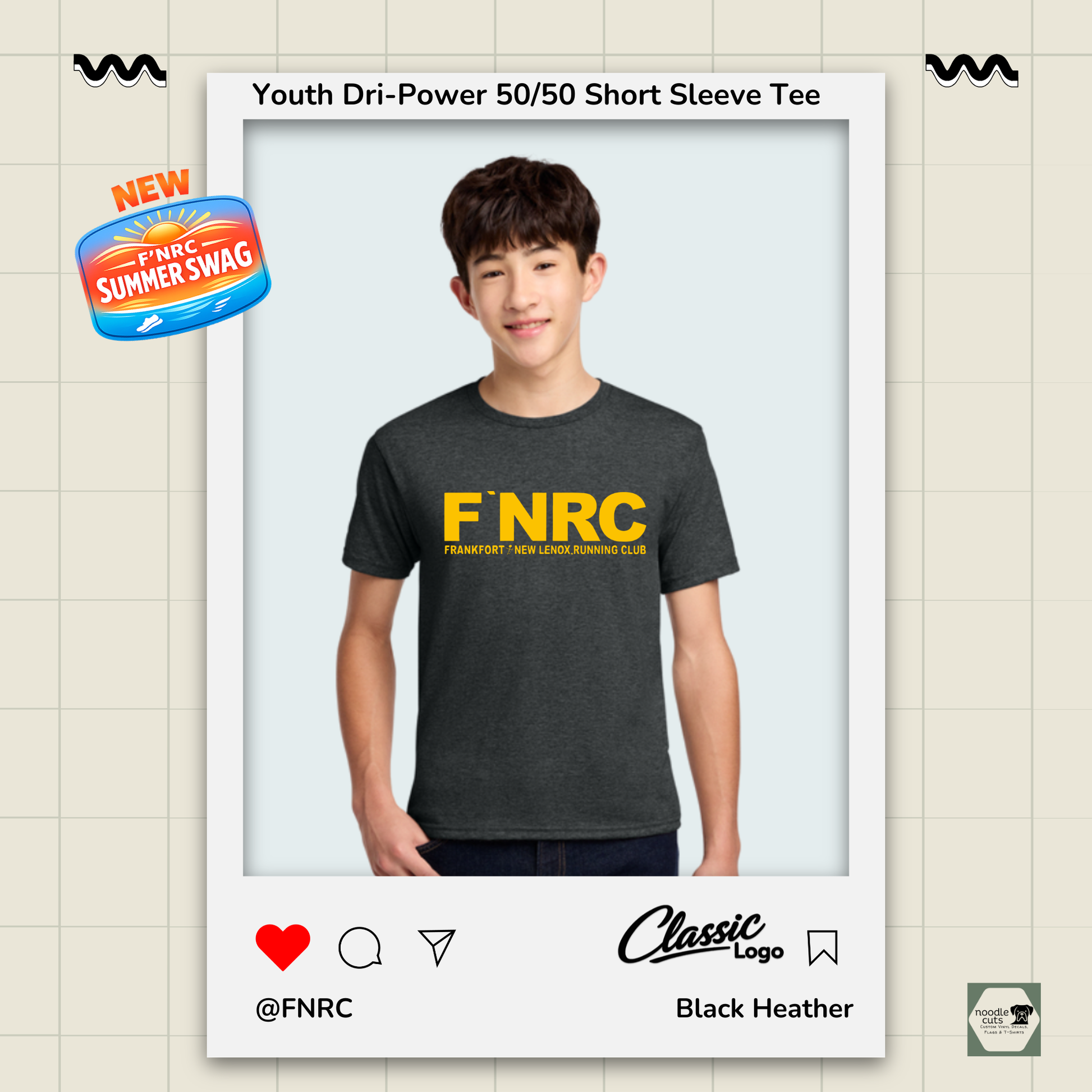 Youth wearing a black heather Jerzees FNRC Classic logo  t-shirt with branding elements on a light background.