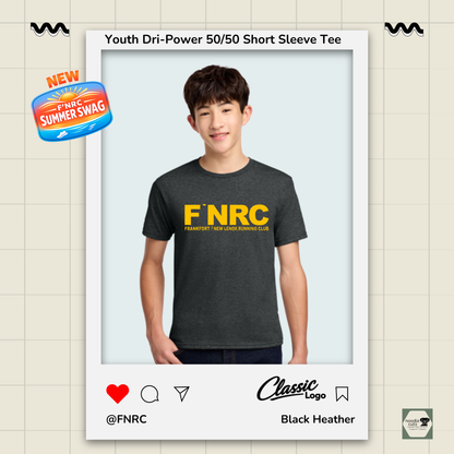 Youth wearing a black heather Jerzees FNRC Classic logo  t-shirt with branding elements on a light background.