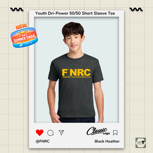 Youth wearing a black heather Jerzees FNRC Classic logo  t-shirt with branding elements on a light background.