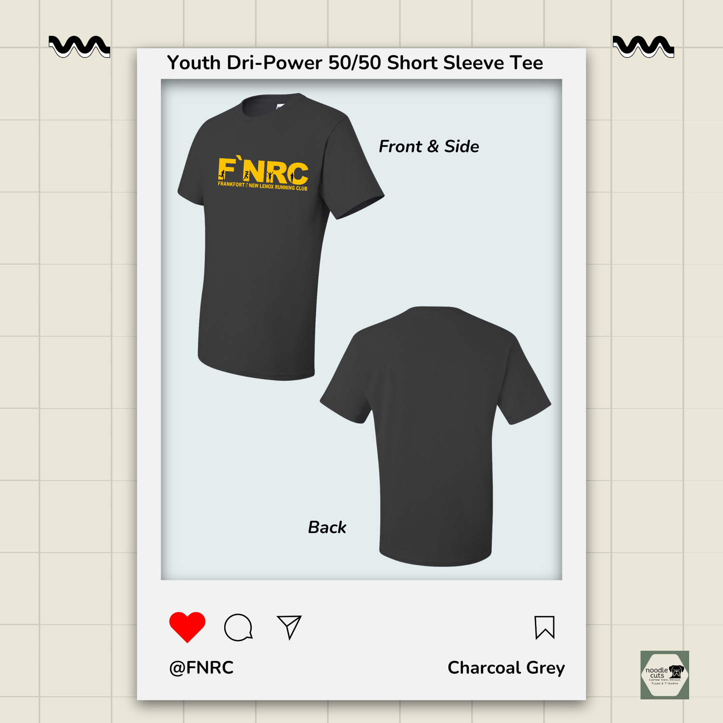 Front and back views of the Jerzees Dri-Power 50/50 Youth Tee with the front featuring the updated 'FNRC" logo design.