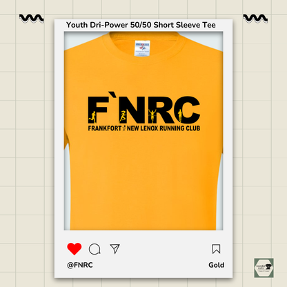 Close up view of the gold Jerzees Dri-Power 50/50 Youth Tee the updated 'FNRC" logo design, framed by a product display border.