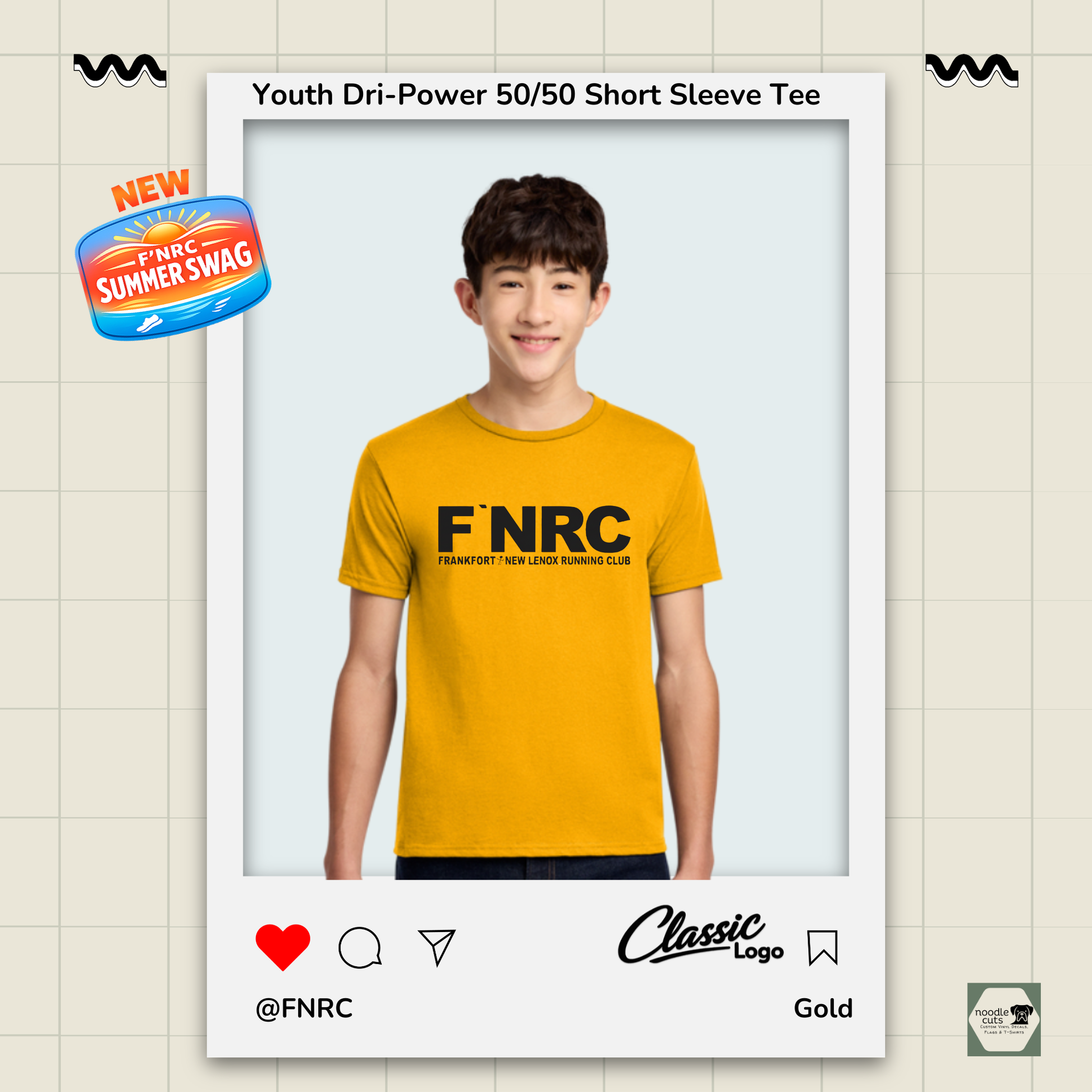 Youth wearing a gold Jerzees FNRC Classic logo  t-shirt with branding elements on a light background.