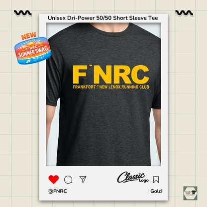 Close up view  of a black heather Jerzees FNRC Classic logo  t-shirt with branding elements on a light background.