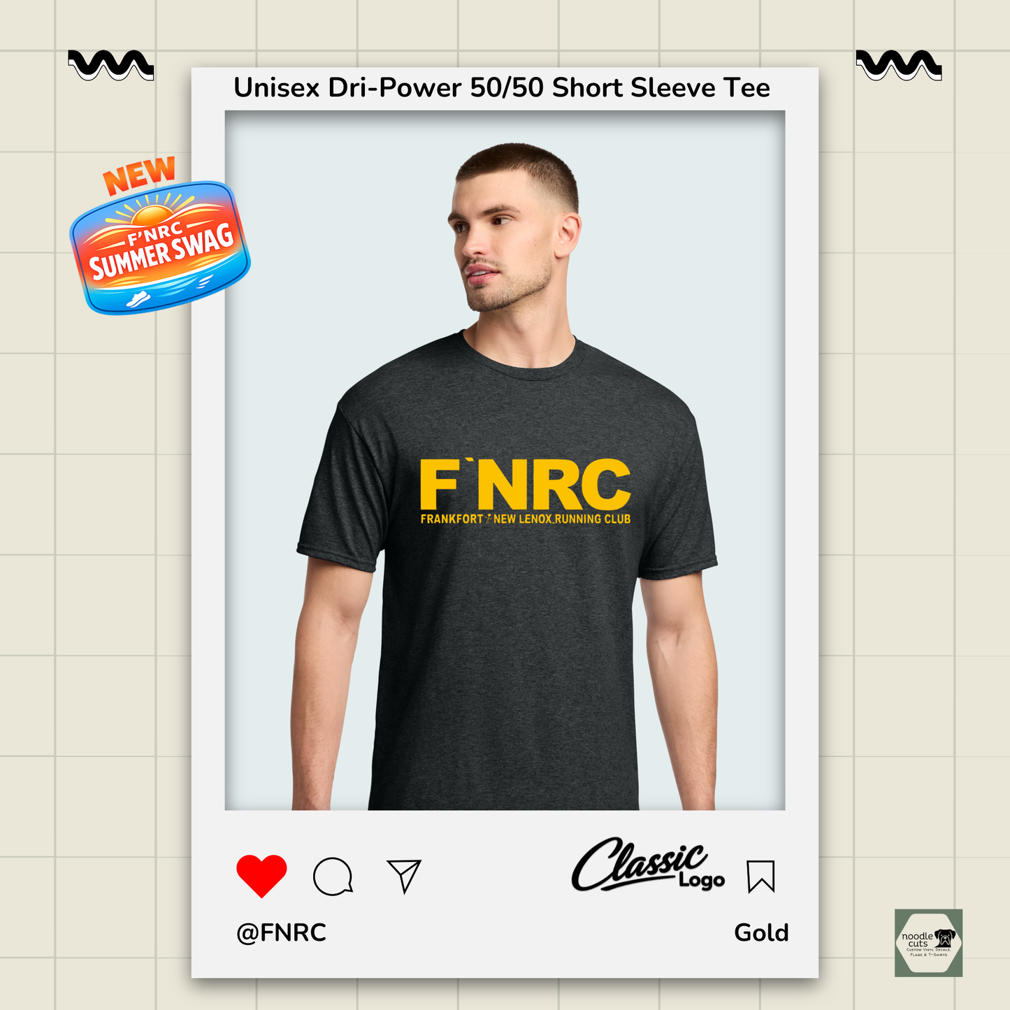 Man wearing a black heather Jerzees FNRC Classic logo  t-shirt with branding elements on a light background.