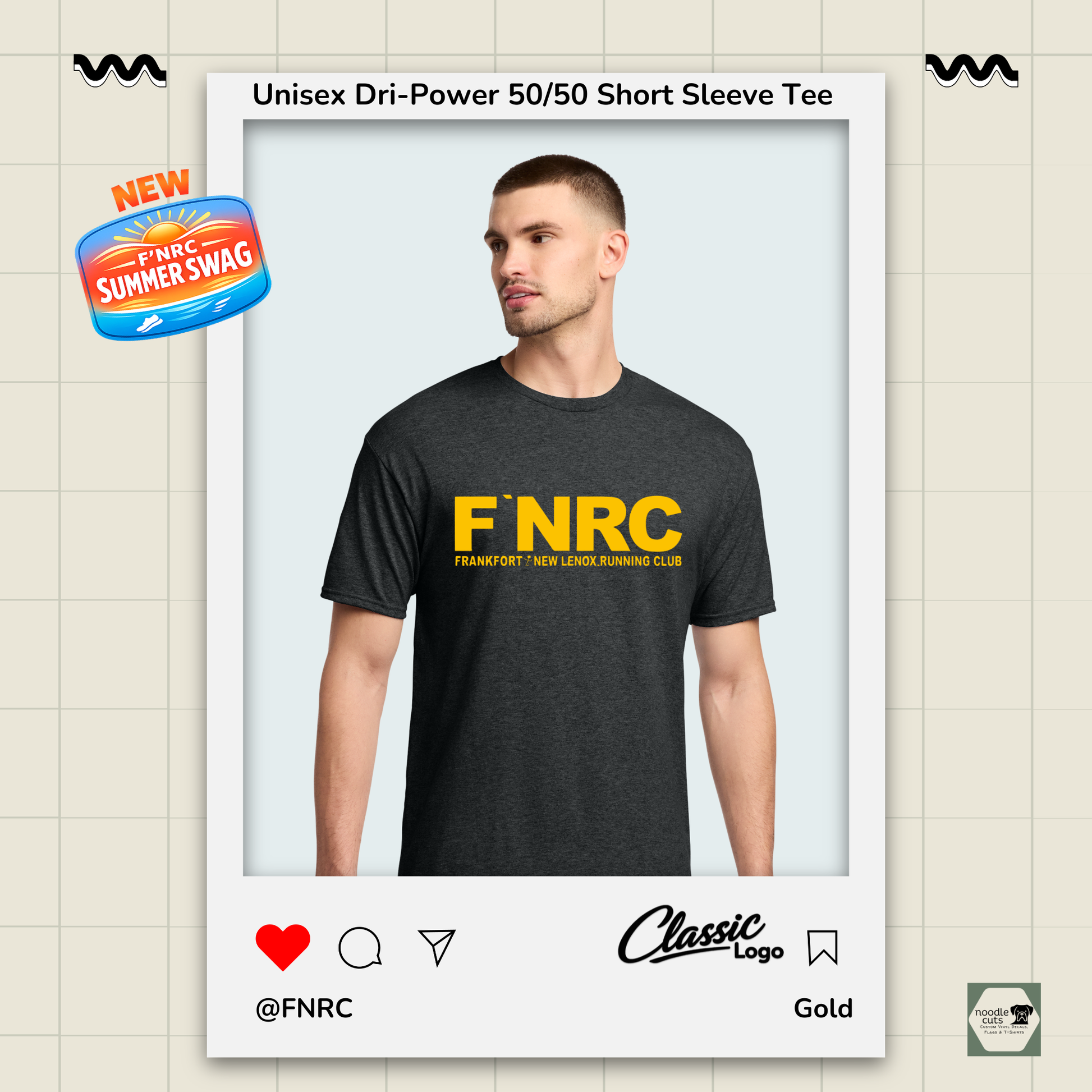 Man wearing a black heather Jerzees FNRC Classic logo  t-shirt with branding elements on a light background.