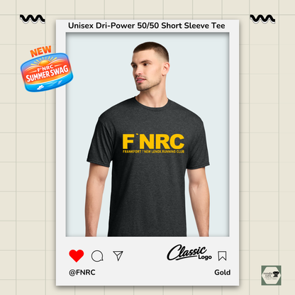 Man wearing a black heather Jerzees FNRC Classic logo  t-shirt with branding elements on a light background.