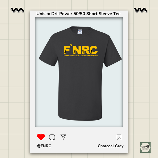 Charcoal grey Jerzees Dri-Power 50/50 Unisex Tee with the updated 'FNRC" logo design, framed by a product display border.