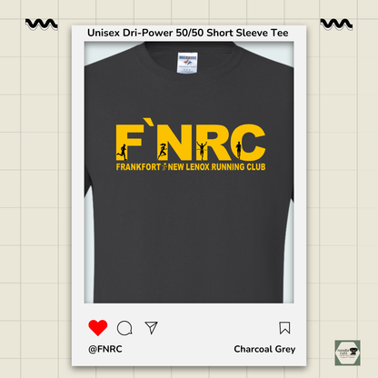Close up view of the charcoal grey Jerzees Dri-Power 50/50 Unisex Tee the updated 'FNRC" logo design, framed by a product display border.
