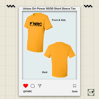 Front and back views of the Jerzees Dri-Power 50/50 Unisex Tee with the front featuring the updated 'FNRC" logo design.