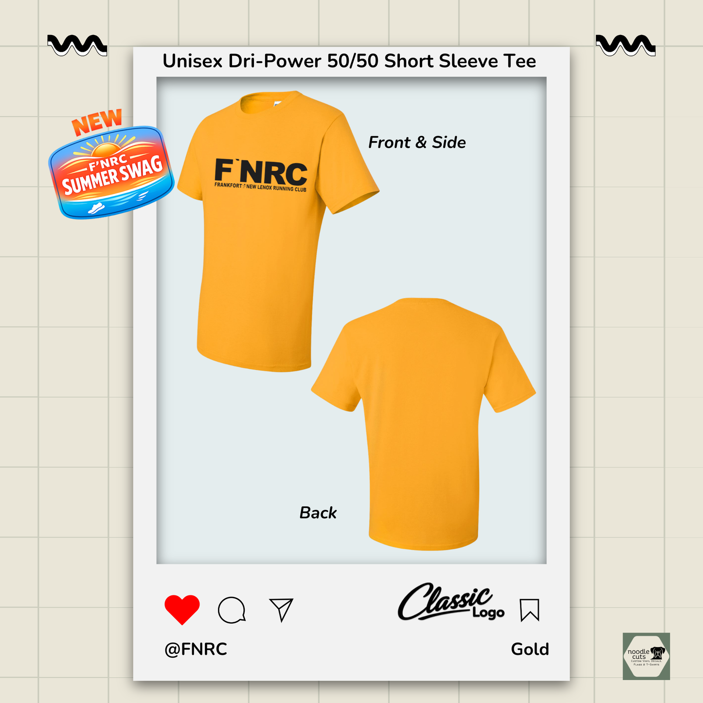Front, side and back view of a gold Jerzees FNRC Classic logo  t-shirt with branding elements on a light background.