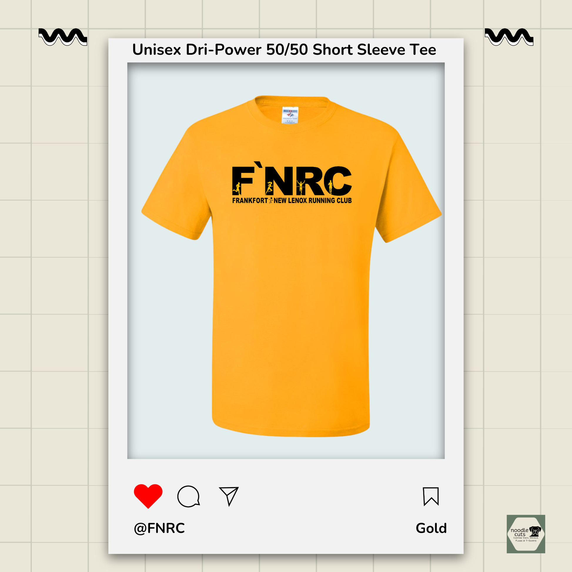 Gold Jerzees Dri-Power 50/50 Unisex Tee with the updated 'FNRC" logo design, framed by a product display border.