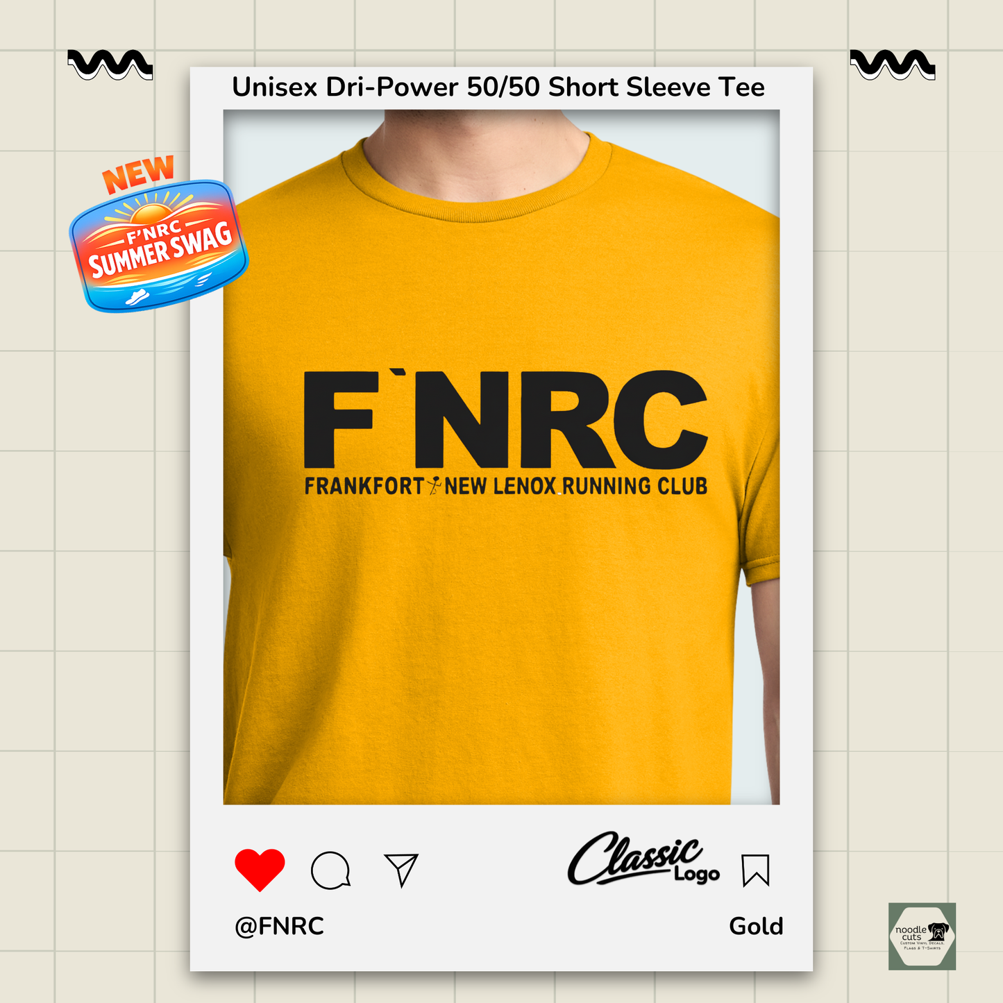 Close up view of a gold Jerzees FNRC Classic logo  t-shirt with branding elements on a light background.