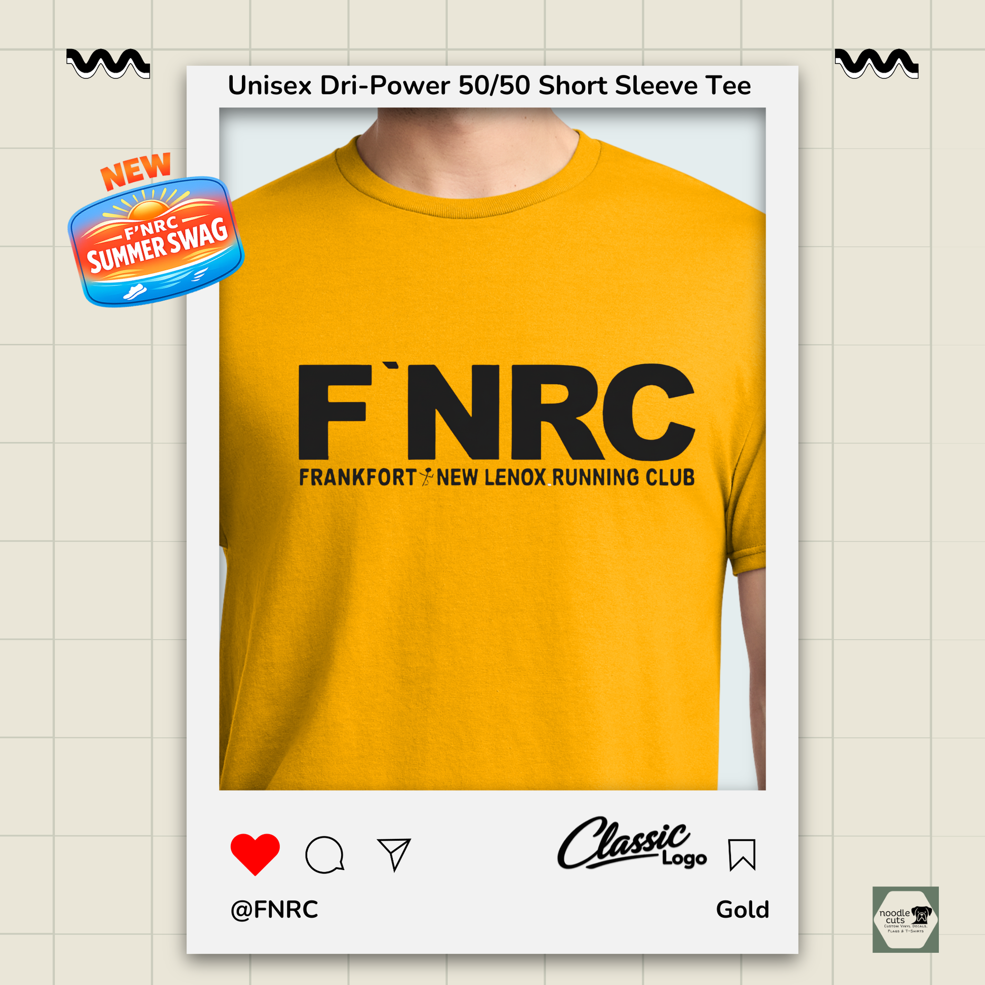 Close up view of a gold Jerzees FNRC Classic logo  t-shirt with branding elements on a light background.
