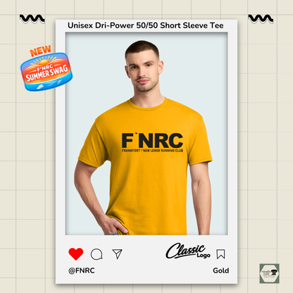 Man wearing a gold Jerzees FNRC Classic logo  t-shirt with branding elements on a light background.