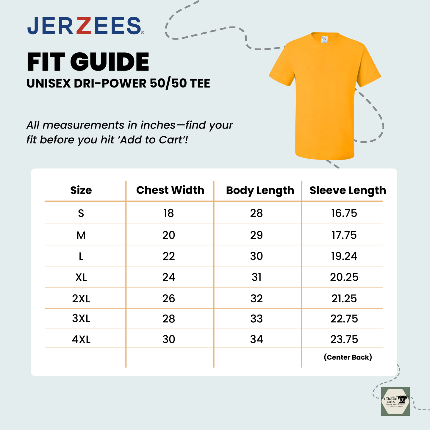 Jerzees Dri-Power 50/50 Unisex Tee fit guide with size chart on a light biue background.